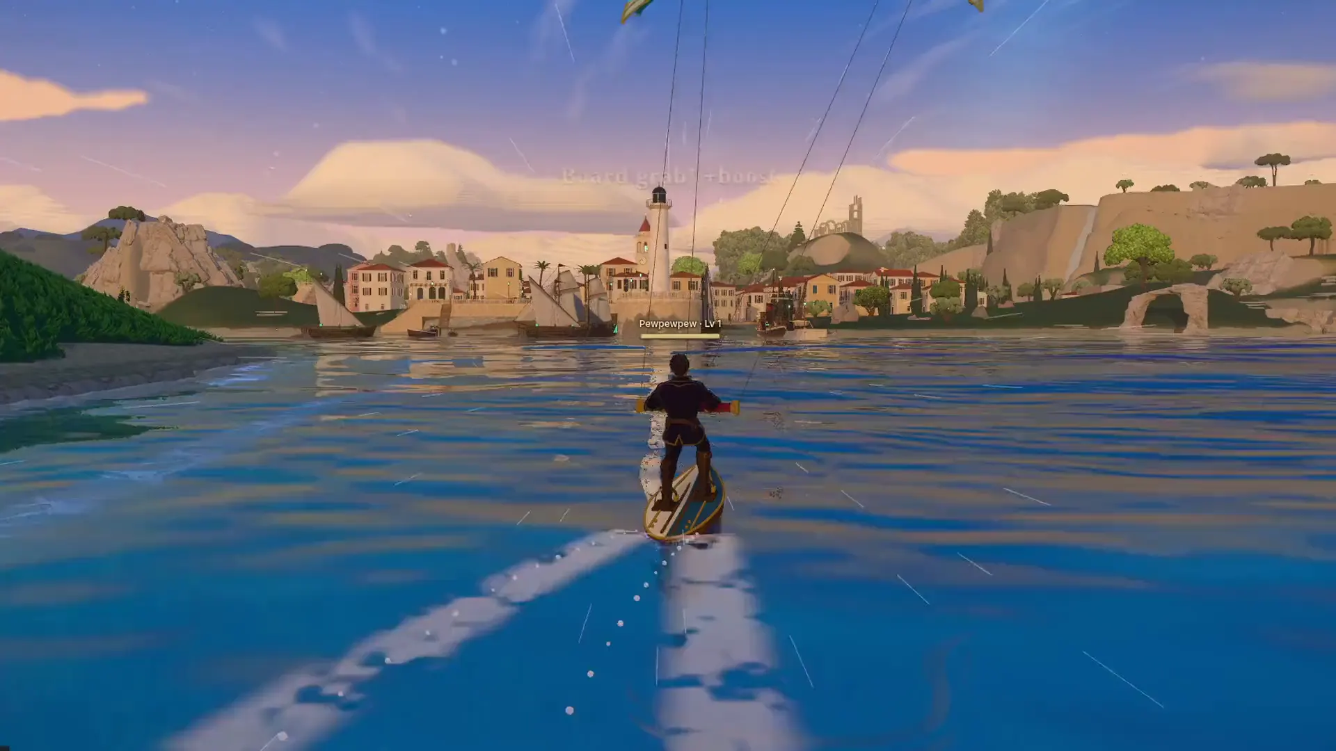 Orsande: kite-surfing across the bay towards a port town at sunset